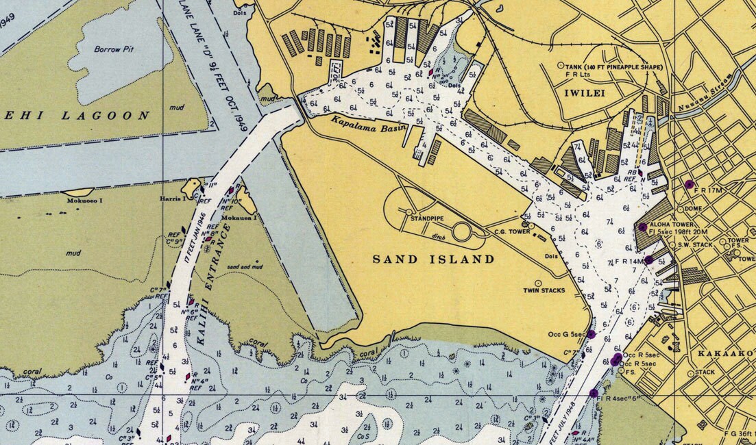 1950 Nautical Map of Pearl Harbor Entrance Hawaii