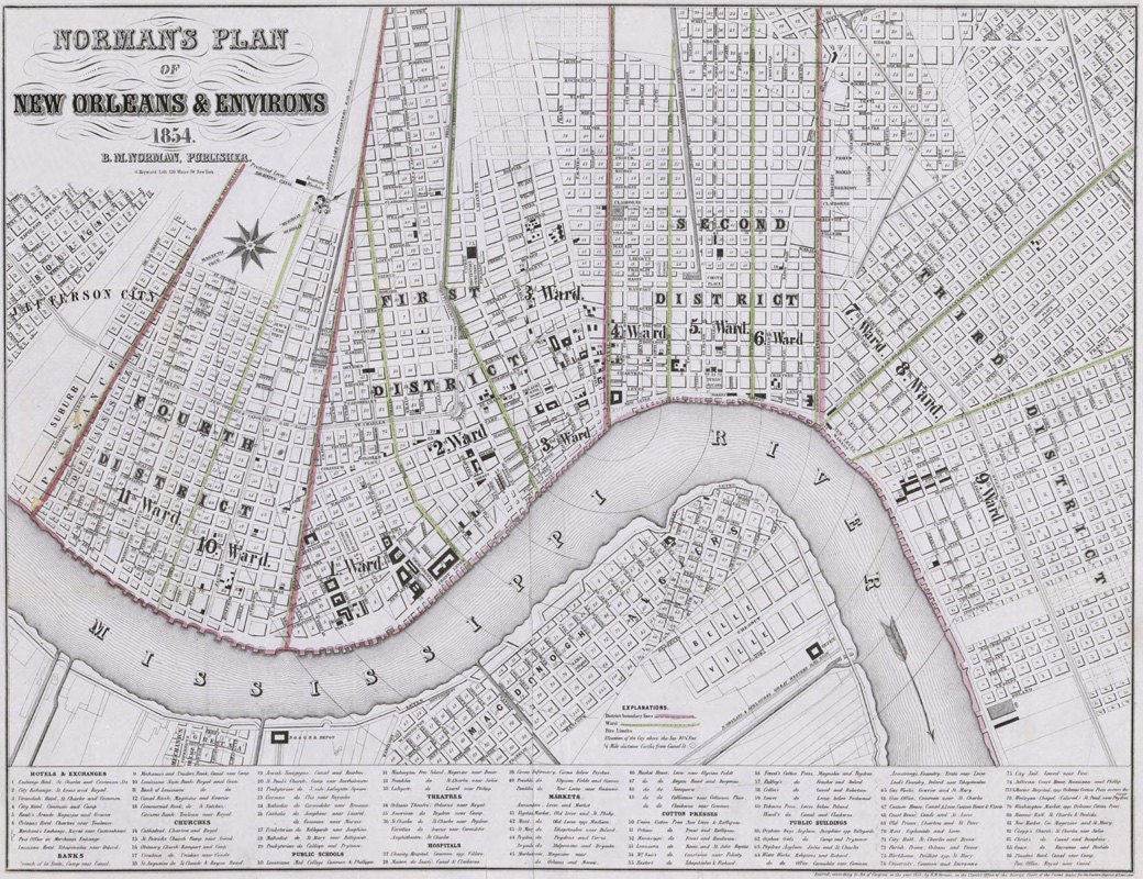 1854 Normans Map of New Orleans Louisiana & Environs