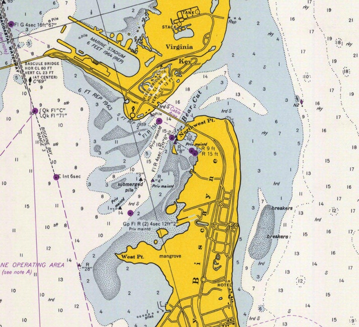 1966 Nautical Map of Miami to Elliot Key & Key Biscayne
