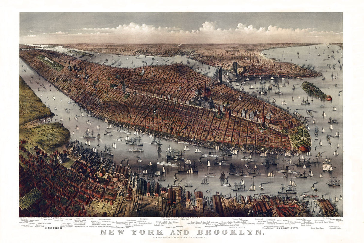 1875 Panoramic Map of New York City and Brooklyn