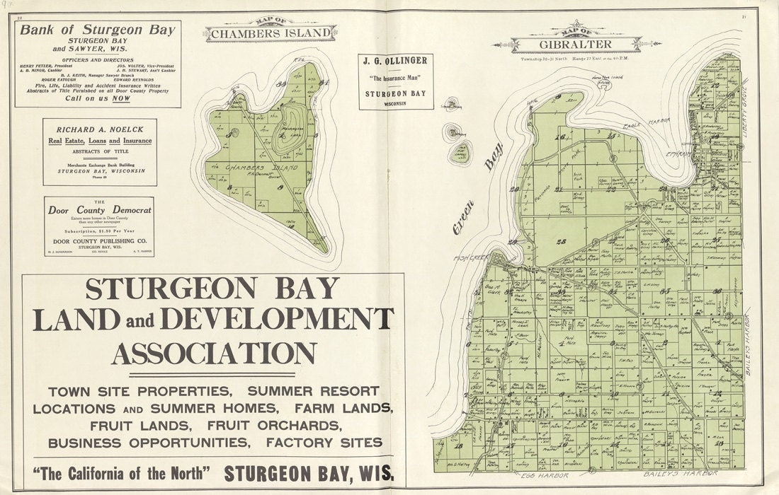 1914 Map of Chambers Island Gibralter Township Door County Wisconsin