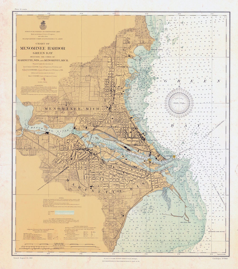 1910 Map of Menominee Harbor Green Bay Marinette Wis
