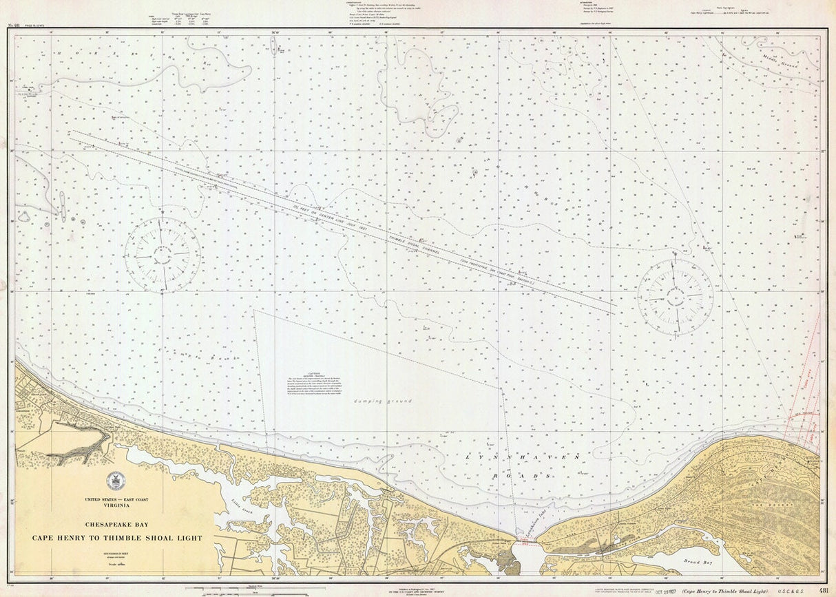 1927 Nautical Map of Cape Henry Virginia to Thimble Shoal Light
