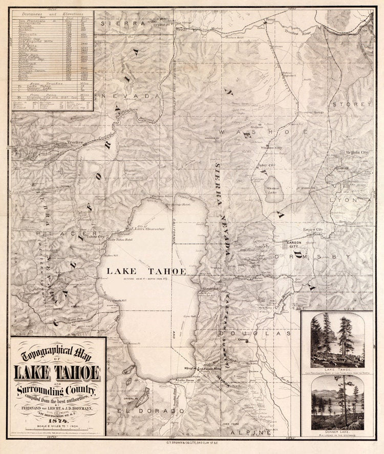 1874 Map of Lake Tahoe and Surrounding Country