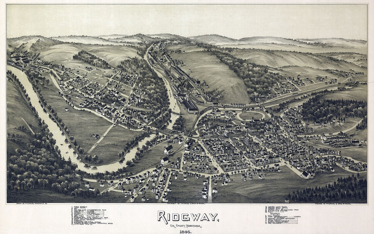 1895 Panoramic Map of Ridgway Elk County Pa