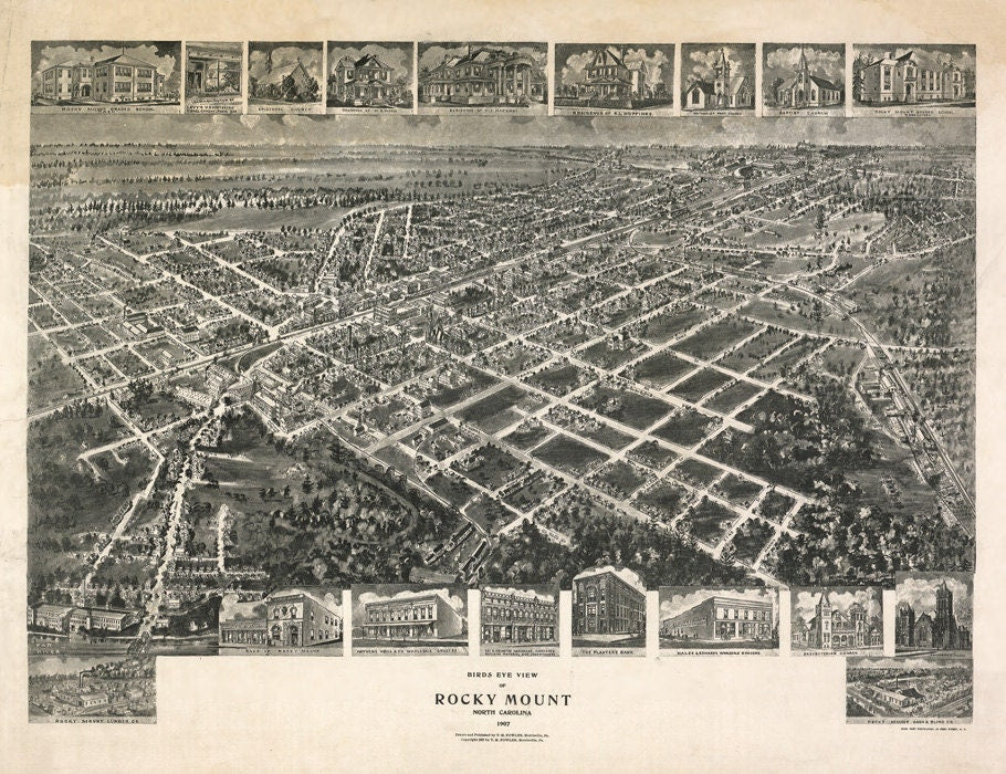1907 Panoramic Map of Rocky Mount North Carolina