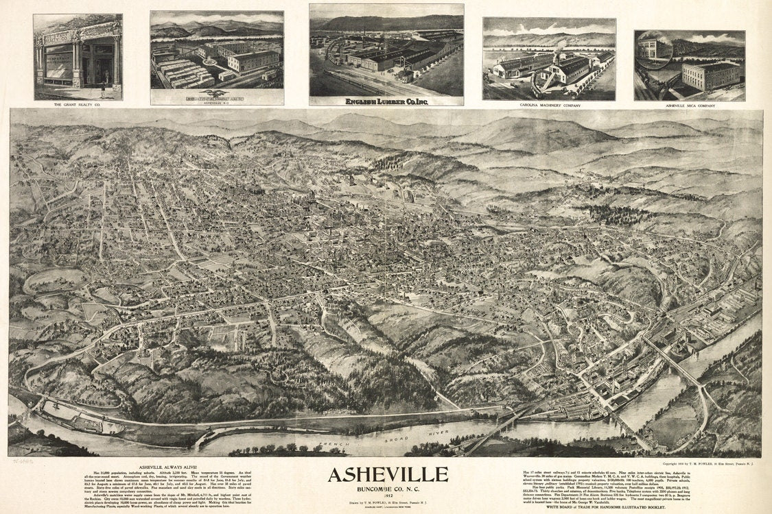1912 Panoramic Map of Asheville Buncombe County North Carolina