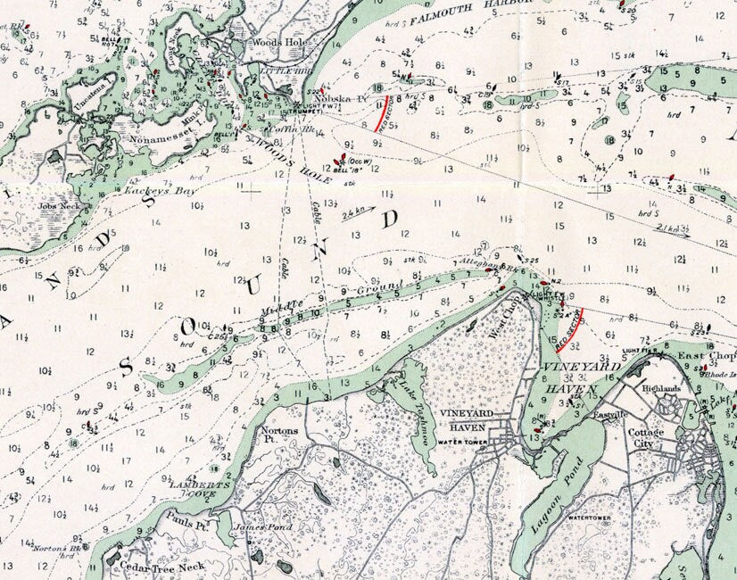 1913 Nautical Map of Marthas Vineyard Sound & Buzzards Bay Mass