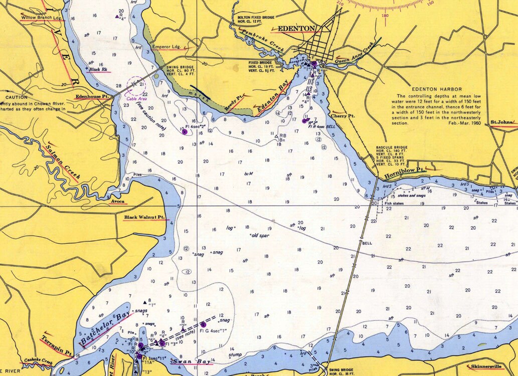 1961 Nautical Map of Albemarle Sound Cape Hatteras NC