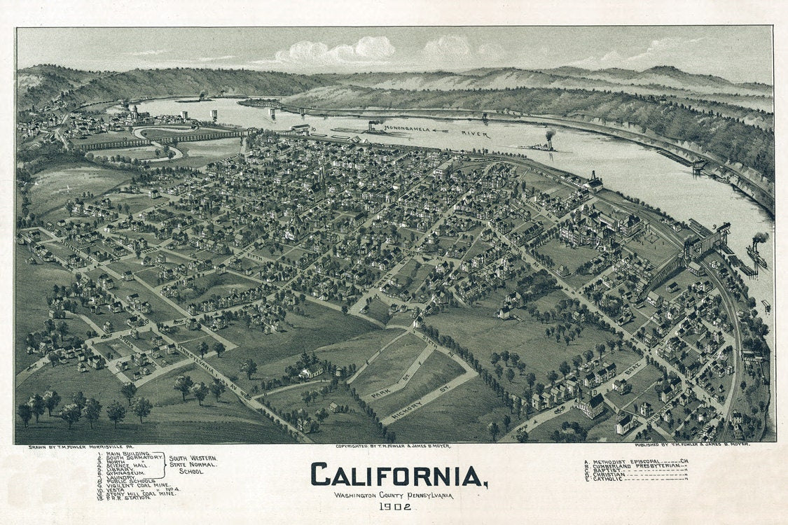 1902 Aerial Map of California Washington County Pa