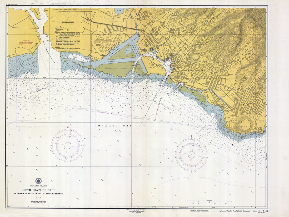 1950 Nautical Map of Pearl Harbor Entrance Hawaii