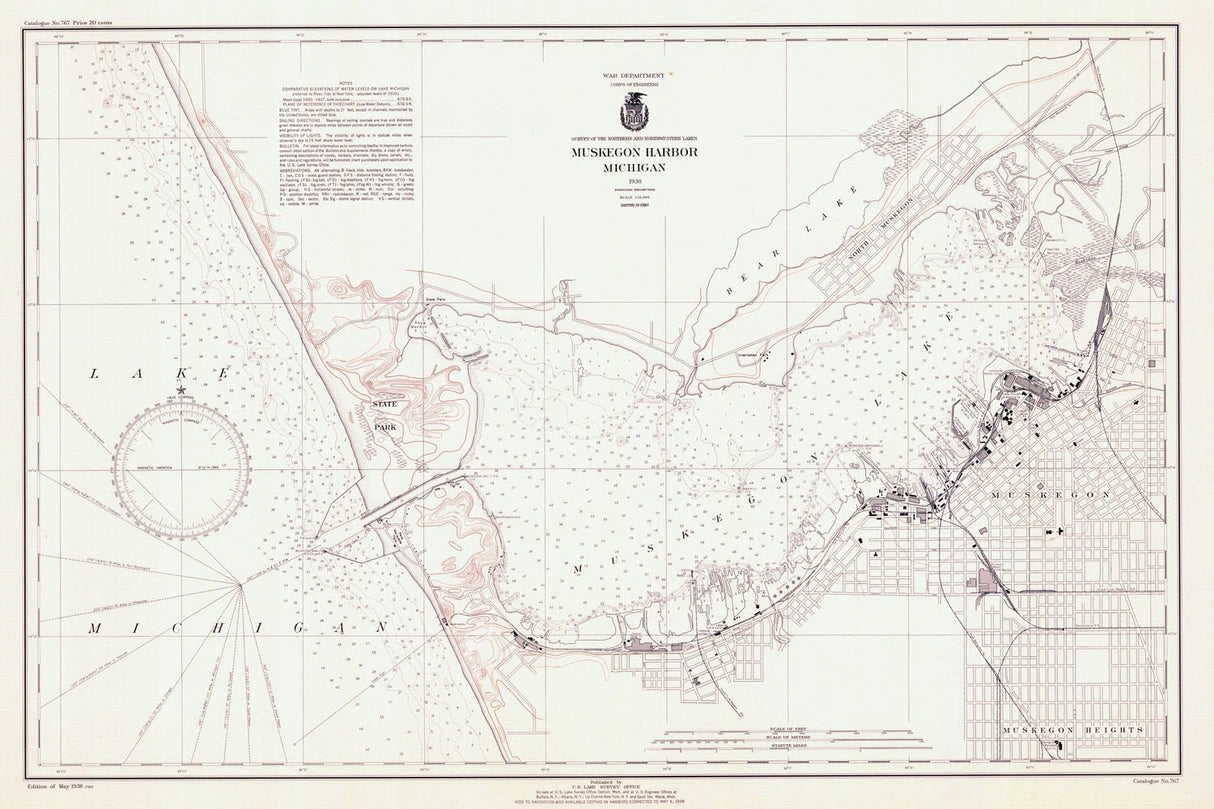 1938 Nautical Map of Muskegon Harbor & Lake Michigan