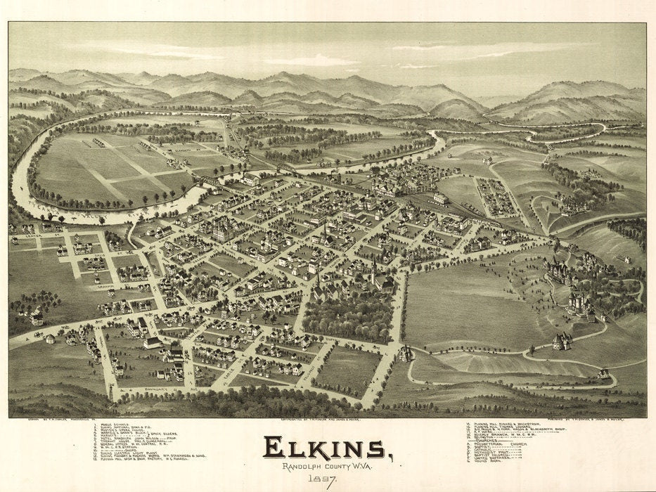 1897 Panoramic Map of Elkins West Virginia