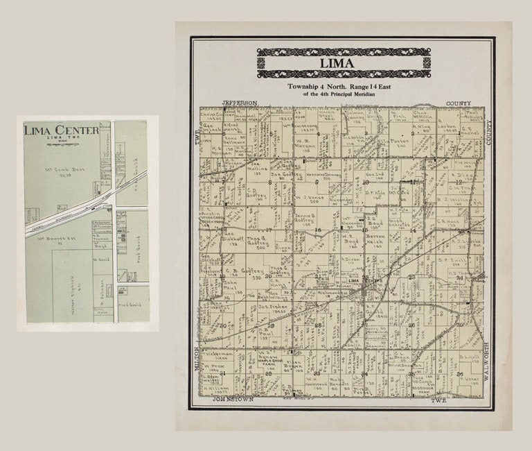1917 Map of Lima Center and Lima Township Rock County Wisconsin