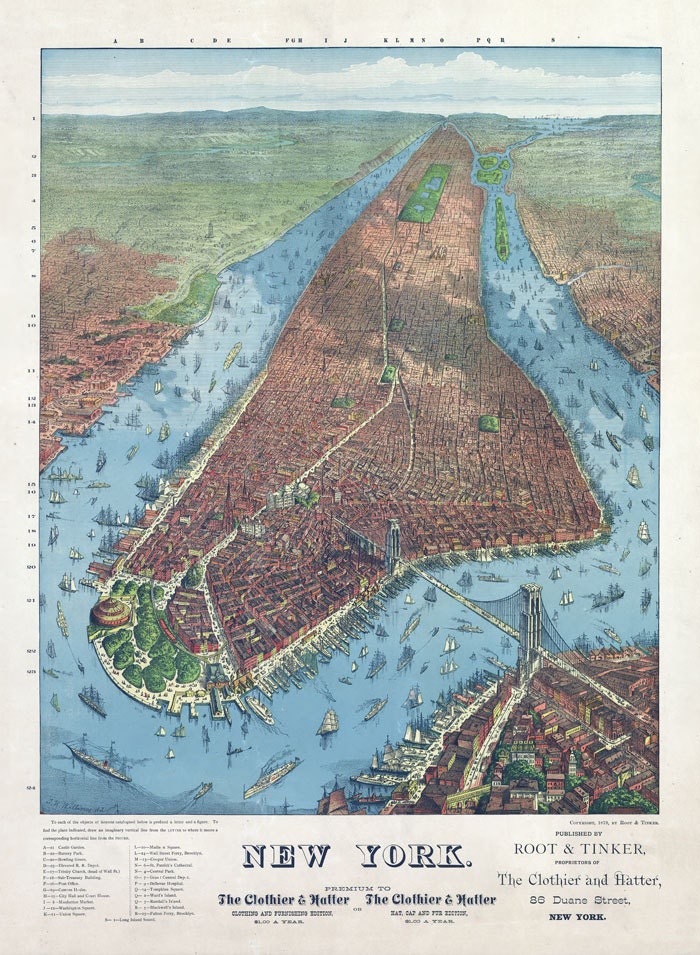 1879 Birds Eye View Map of New York City