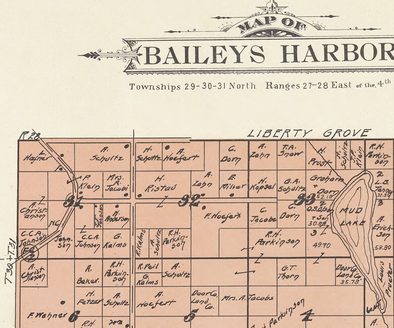 1914 Map of Baileys Harbor Township Door County Wisconsin
