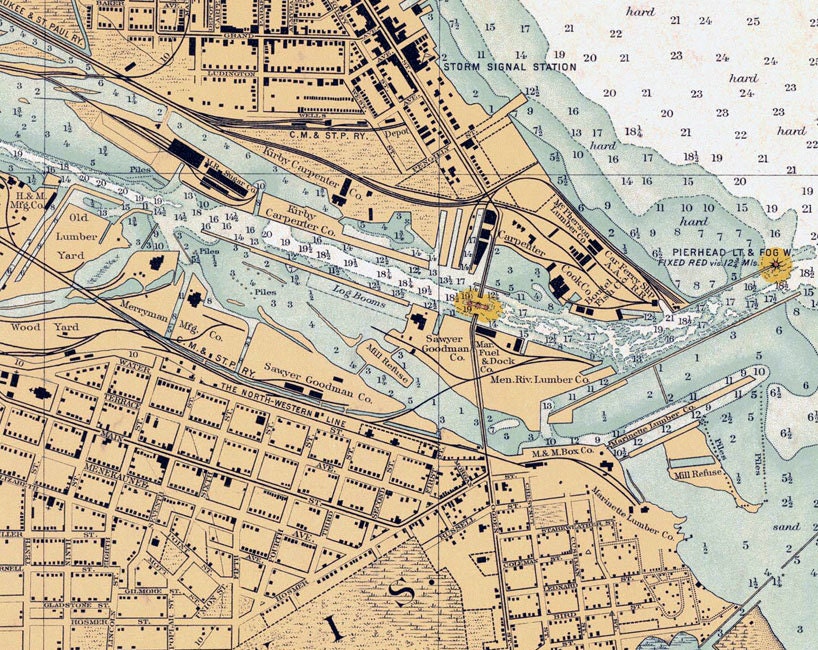 1910 Map of Menominee Harbor Green Bay Marinette Wis