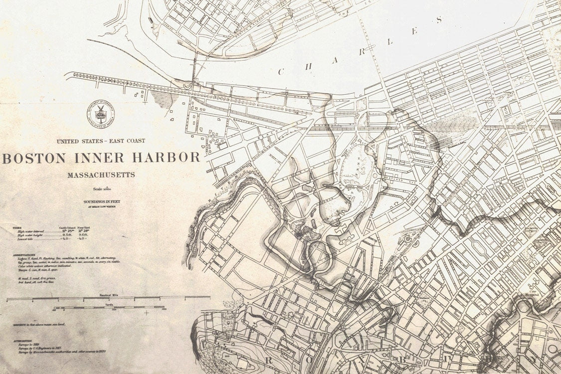 1937 Map of Boston Mass Inner Harbor