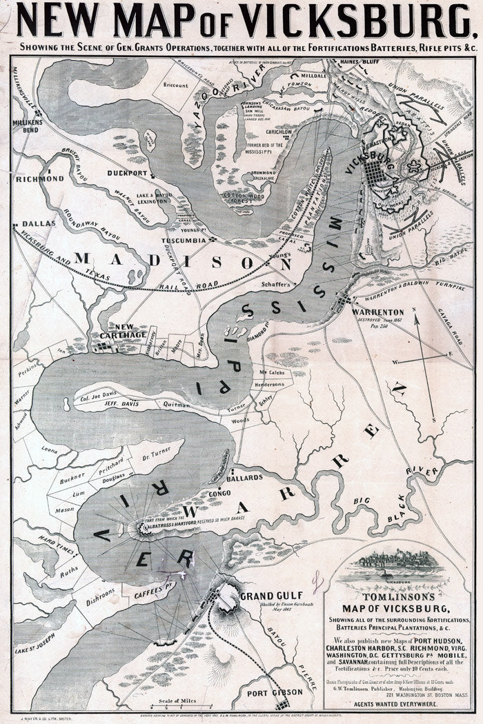 1863 Map of Vicksburg Mississippi Plantations