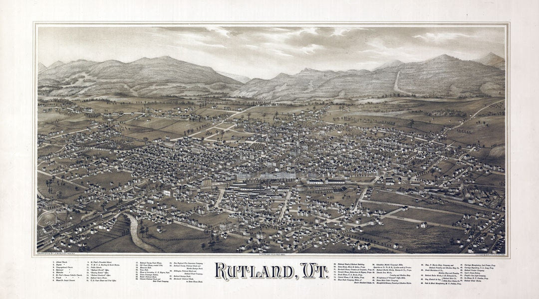 1885 Panoramic Map of Rutland Vermont