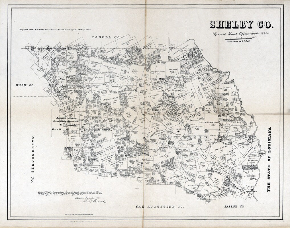 1880 Farm Line Map of Shelby County Texas
