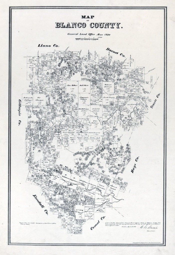 1880 Farm Line Map of Blanco County Texas