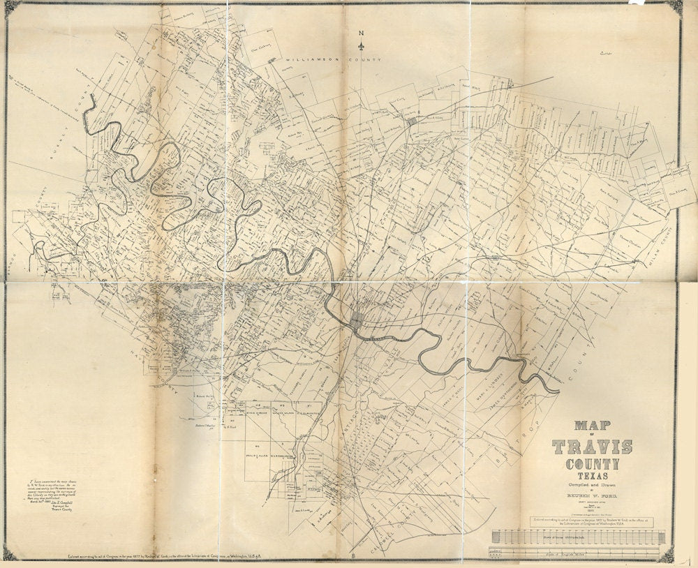 1880 Farm Line Map of Travis County Texas Austin
