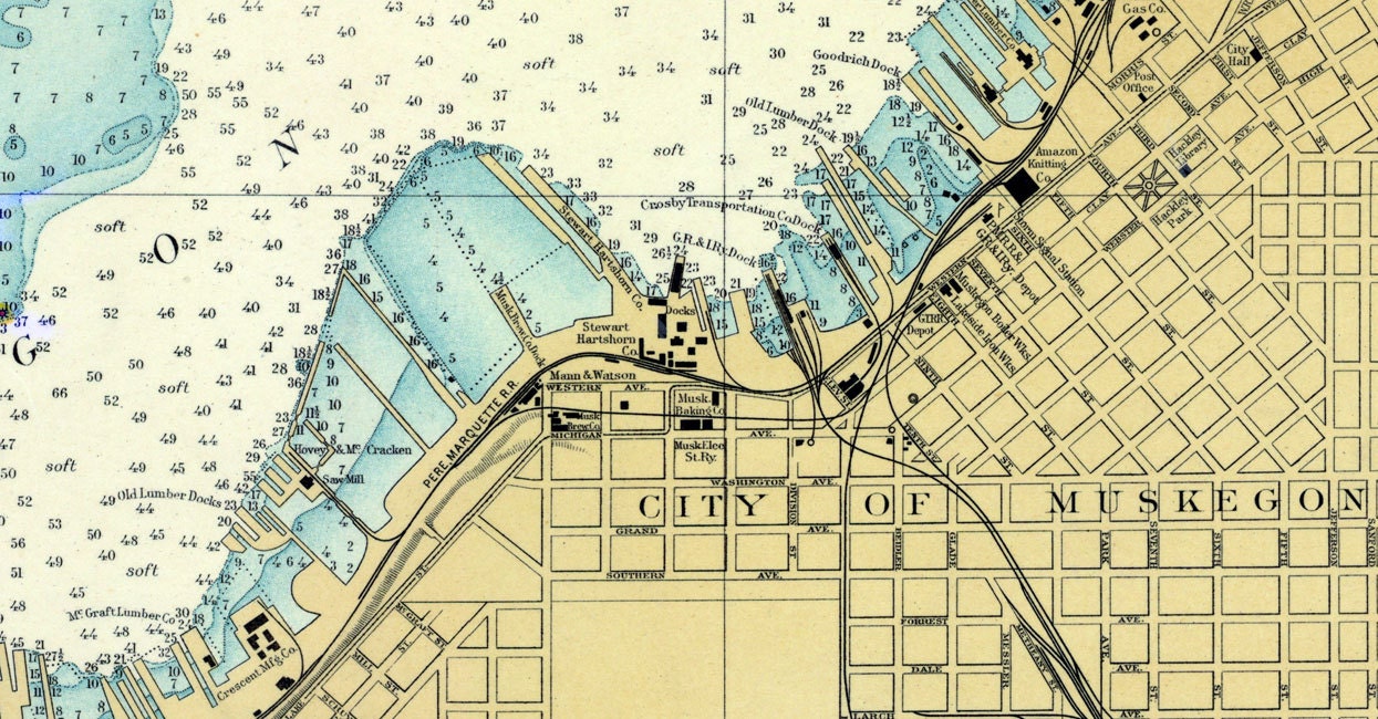 1901 Nautical Map of Muskegon Harbor & Lake Michigan