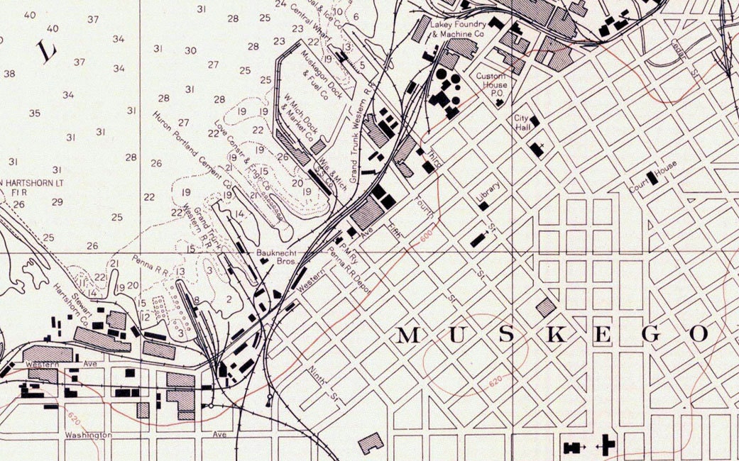 1938 Nautical Map of Muskegon Harbor & Lake Michigan