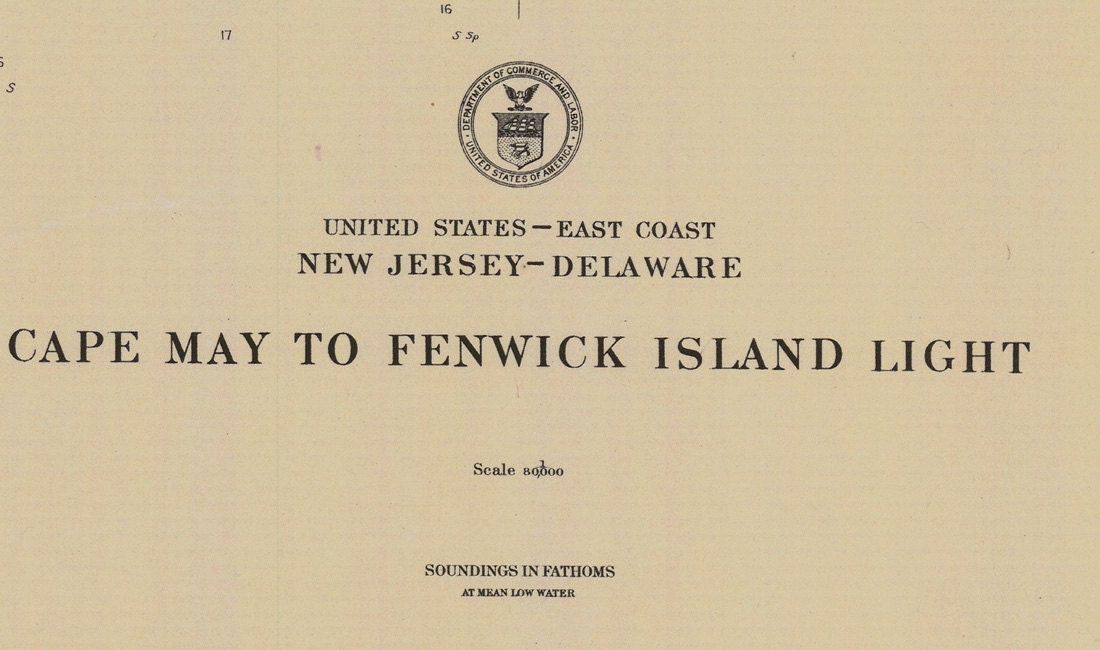 1912 Nautical Map of Capemay to Fenwick Island Light Delaware
