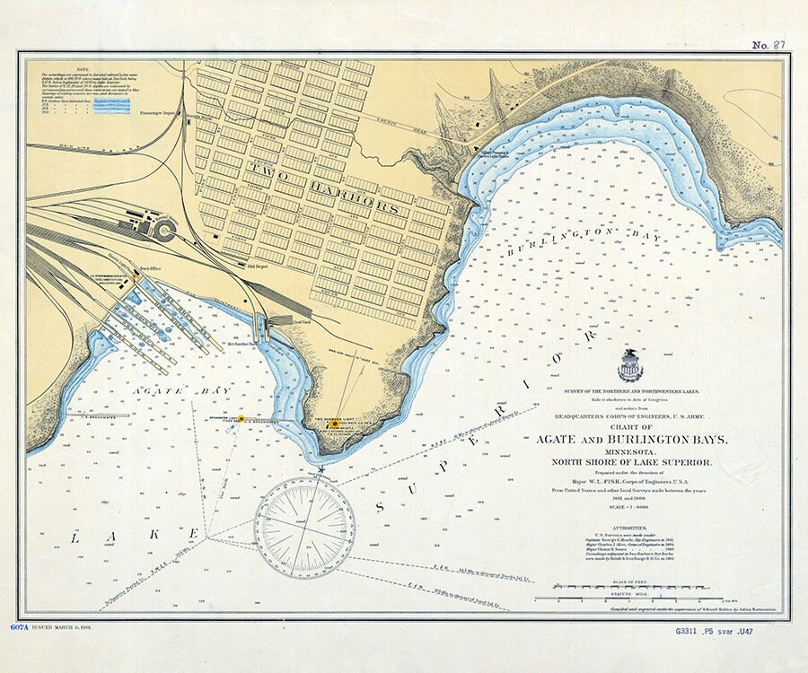 1901 Nautical Map of Agate & Burlington Bays Minnesota Lake Superior