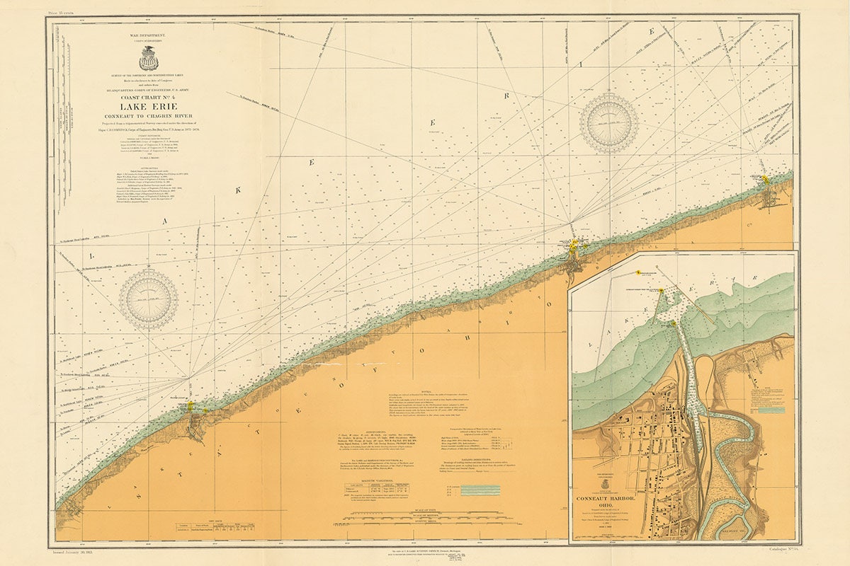 1913 Nautical Map of Lake Erie Conneaut to Chagrin River