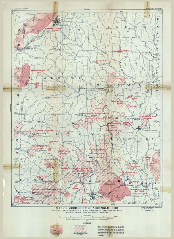 1914 Oil & Gas Field Map of Woodsfield Quadrangle Belmont Monroe Noble Counties