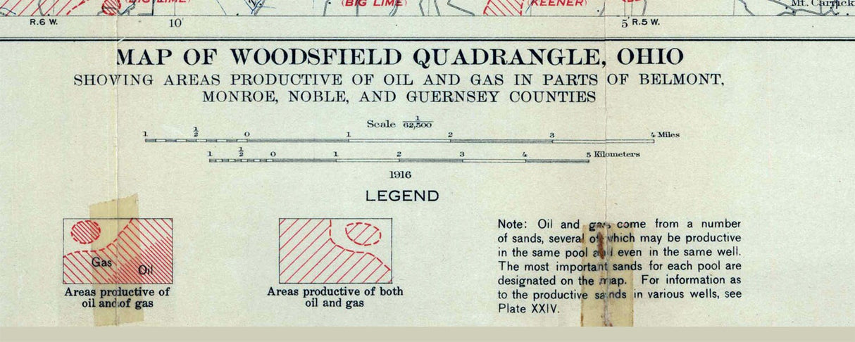 1914 Oil & Gas Field Map of Woodsfield Quadrangle Belmont Monroe Noble Counties