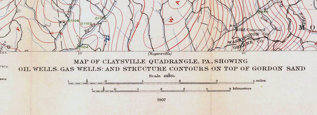 1907 Oil & Gas Well Map Claysville Quadrangle Washington County Pa
