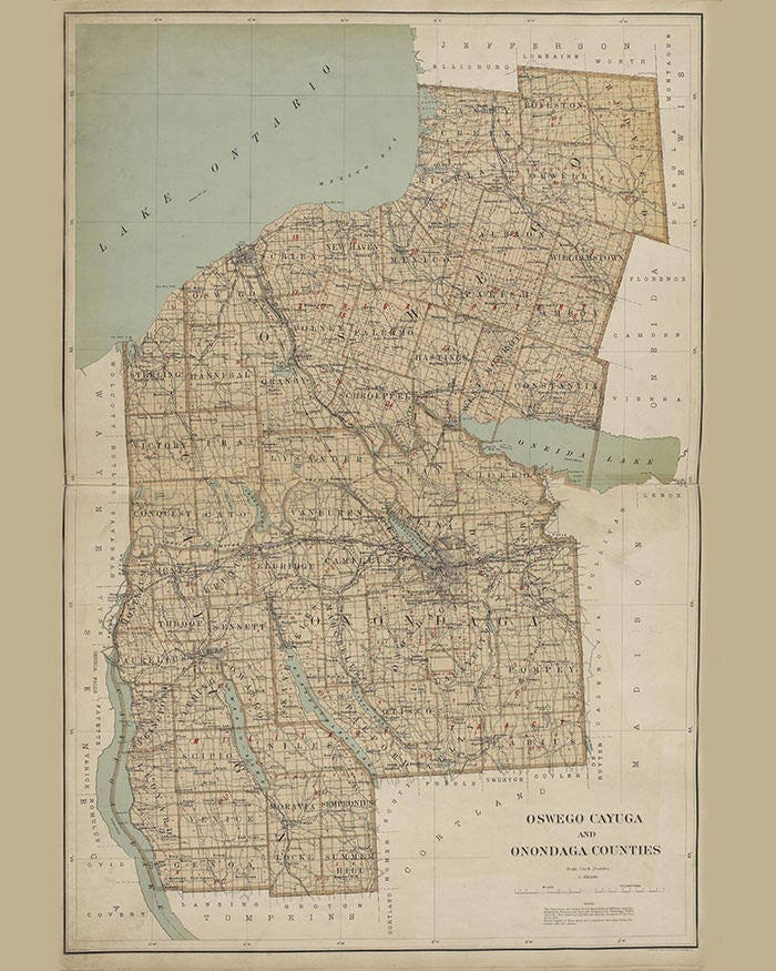 1895 Map of Oswego Cayuga and Onondaga County New York