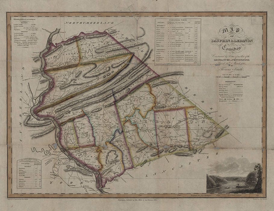 1818 Map of Dauphin & Lebanon County Pennsylvania