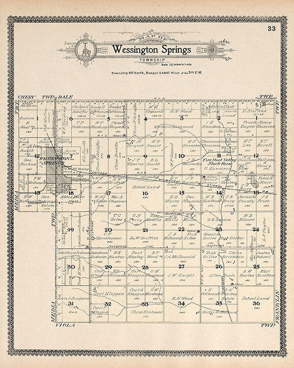 1909 Map of Wessington Springs Township Jerauld County South Dakota