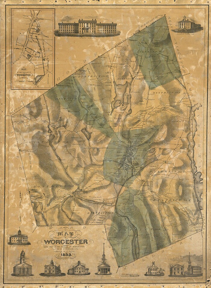 1833 Map of Worcester Worcester County Mass