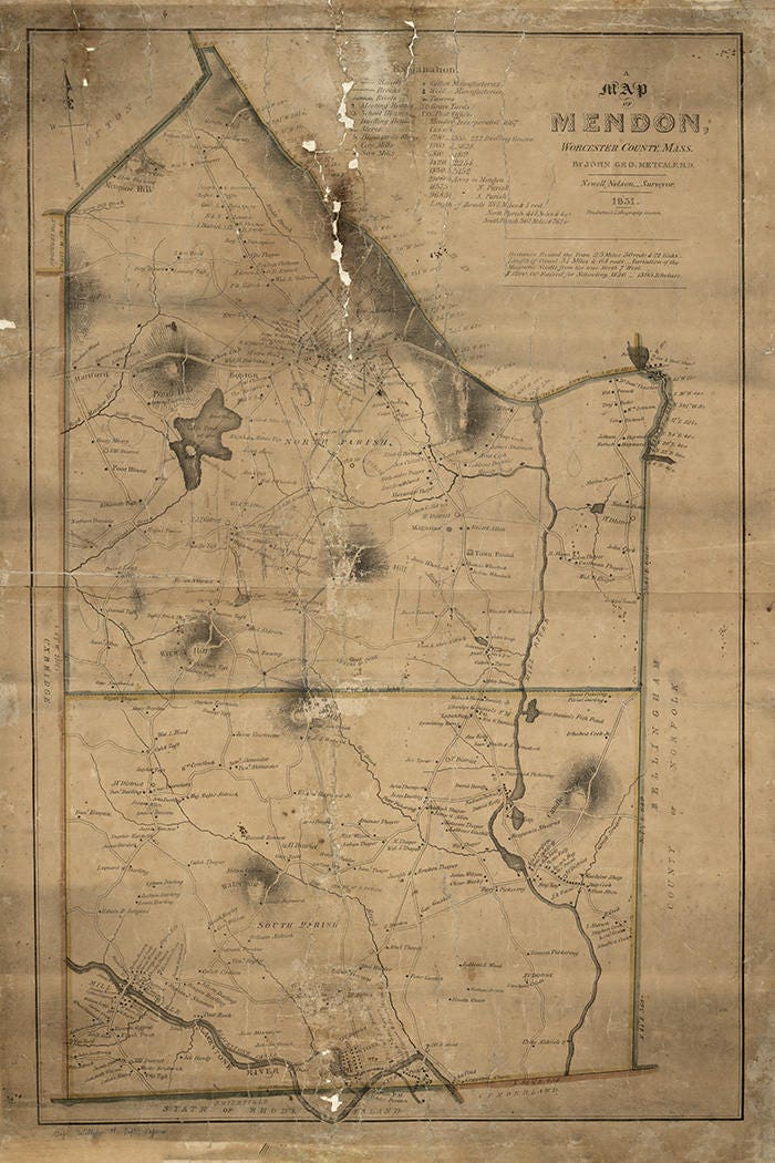 1831 Map of Mendon Worcester County Mass