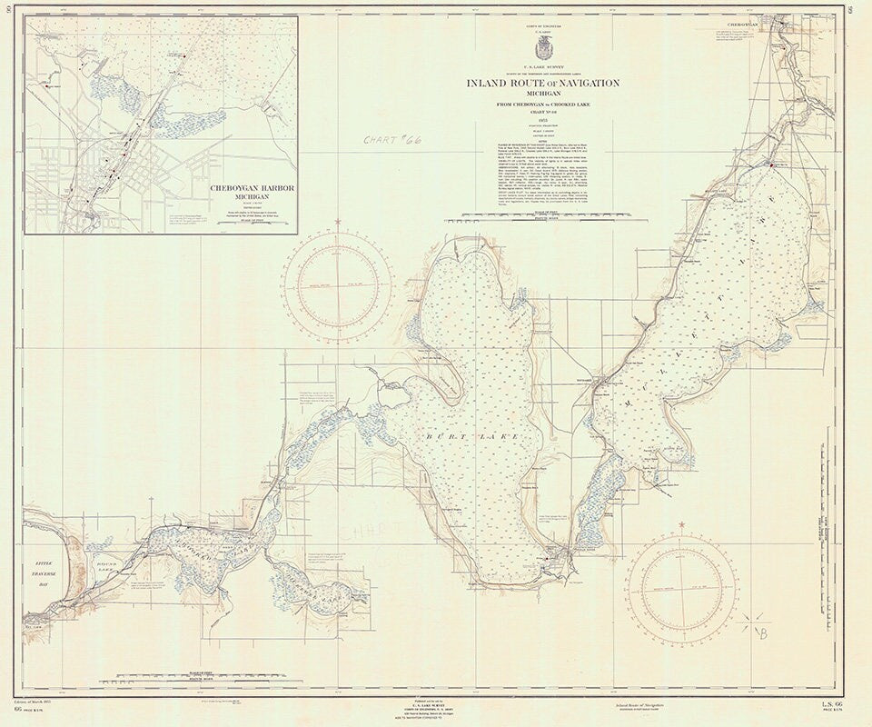 1955 Nautical Map Cheboygan to Crooked Lake Michigan