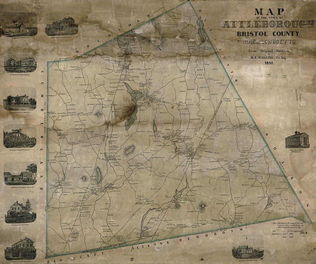 1850 Map of Attleborough Bristol County Massachusetts