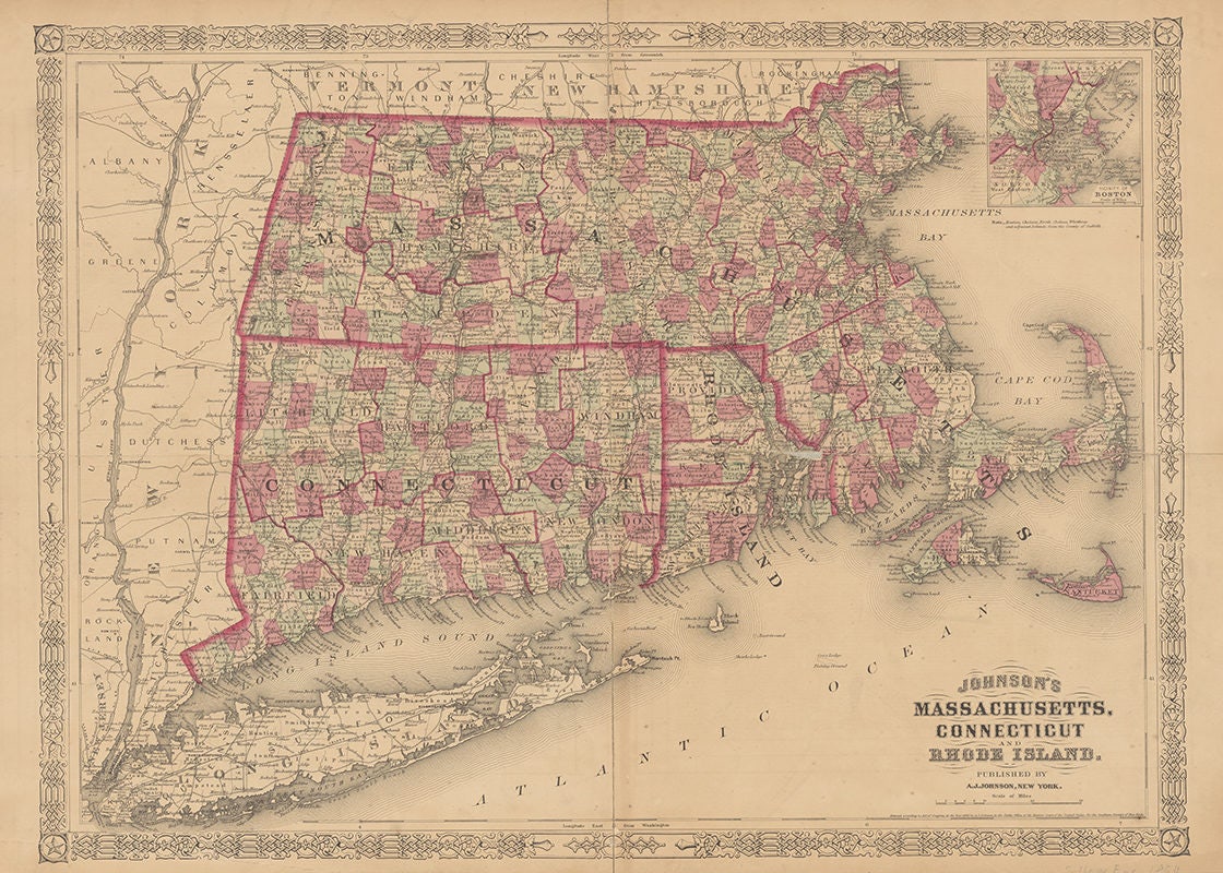 1866 Map of Massachusetts Connecticut and Rhode Island