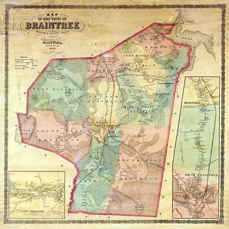 1856 Map of Baintree Norfolk Co Massachusetts