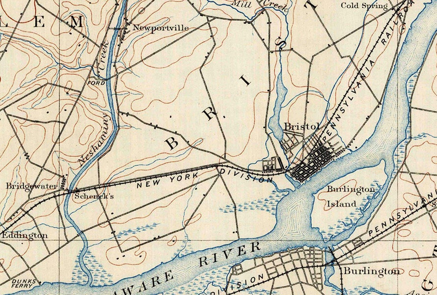 1890 Topo Map of Burlington PA Quadrangle Bucks County