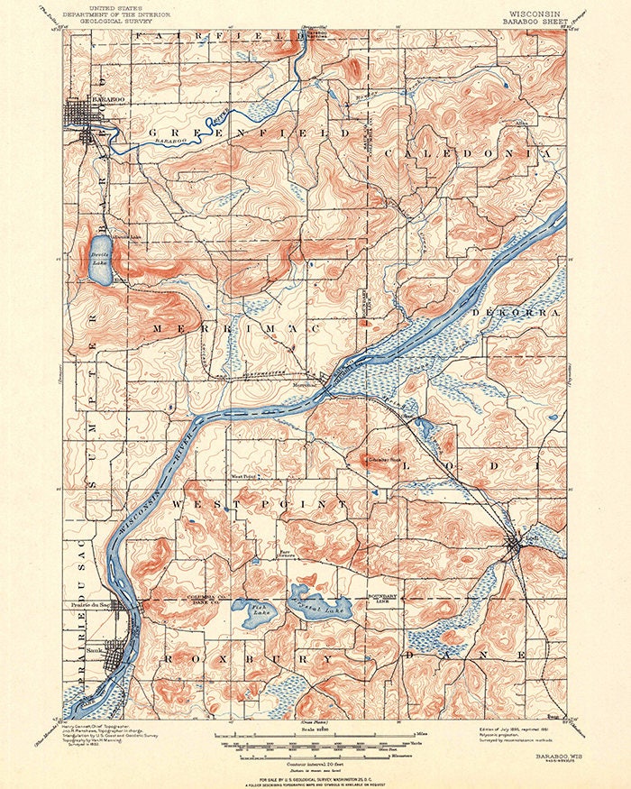 1895 Topo Map of Baraboo Wisconsin Quadrangle