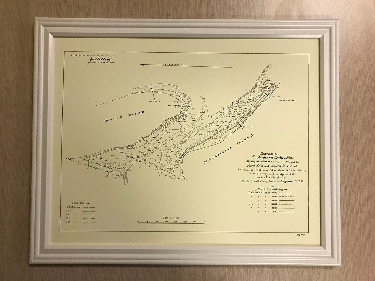1892 Map of North Beach Vilano Beach Florida St Augustine Harbor Entrance Anastasia Island Framed