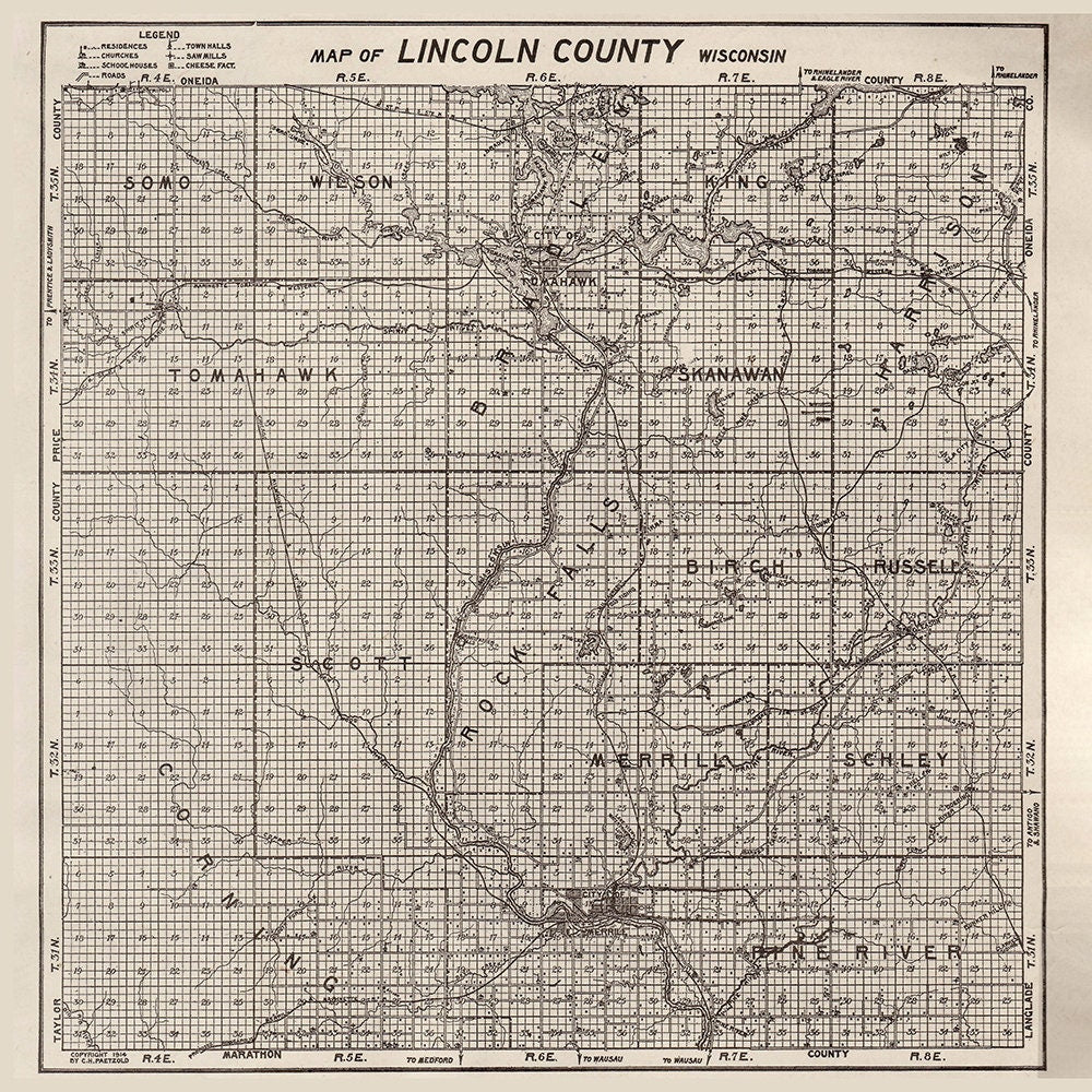 1914 Farm Line Map of Lincoln County Wisconsin