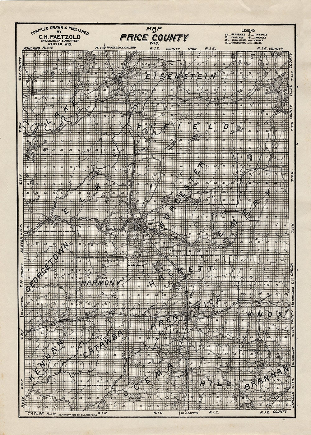 1914 Farm Line Map of Price County Wisconsin