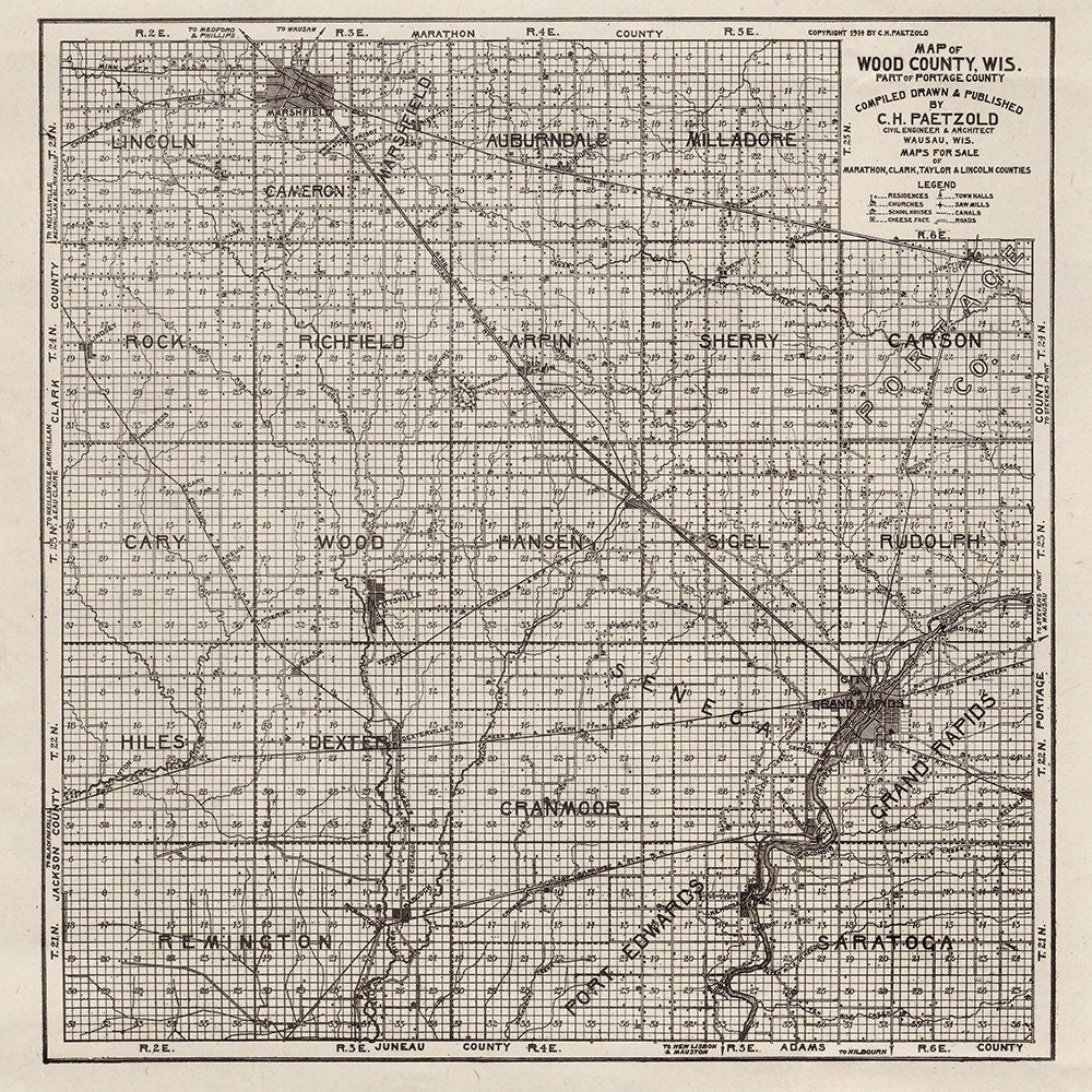 1914 Farm Line Map of Wood County Wisconsin